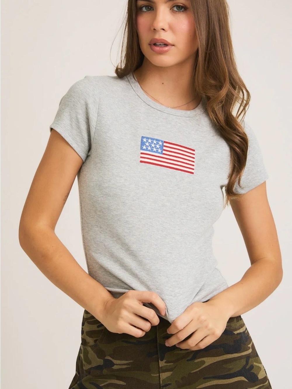 Lelis Heather Gray Short Sleeve Baby Tee with Embroidered Flag - Sz M - NWT
